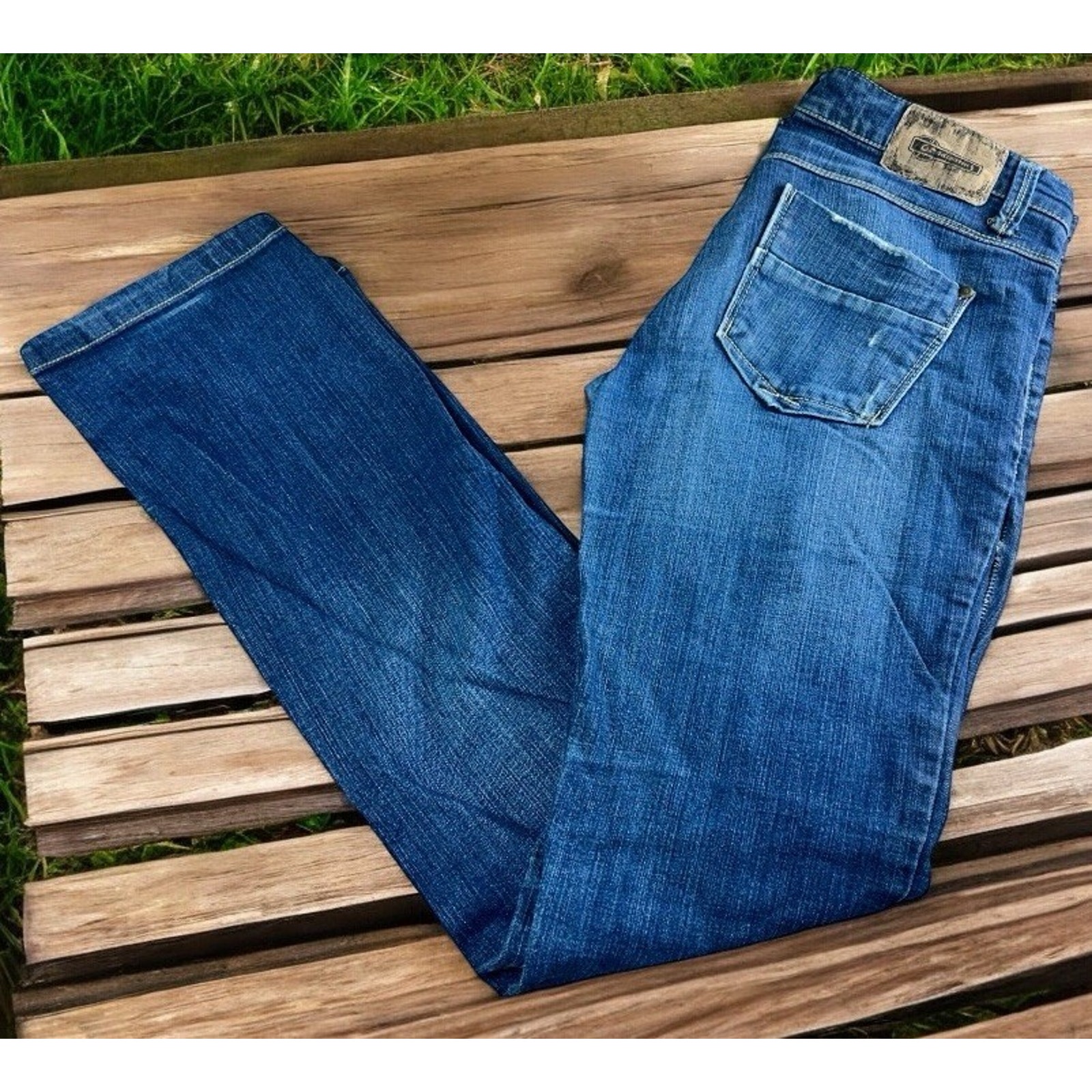 Stradivarius Distressed Straight Jeans Sz 6 Us Dark Blue Wash